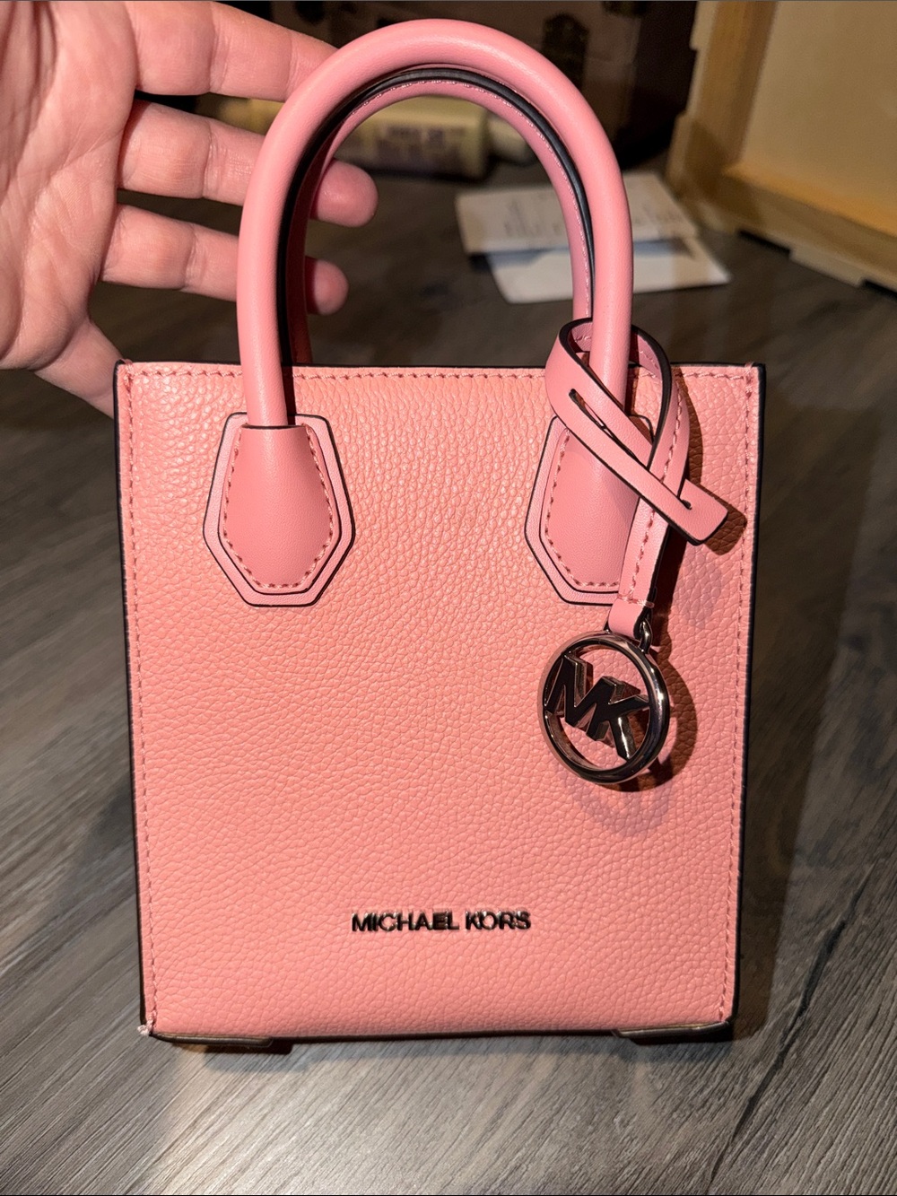 MICHAEL KORS Coral Pink Pebbled Leather Mini Tote crossbody with MK Charm
